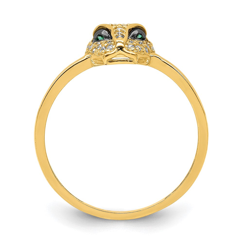 14K Polished Green and White CZ Lioness Head Ring