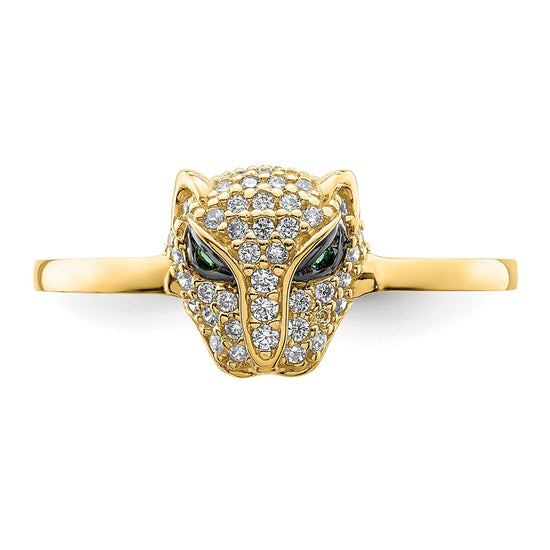 14K Polished Green and White CZ Lioness Head Ring