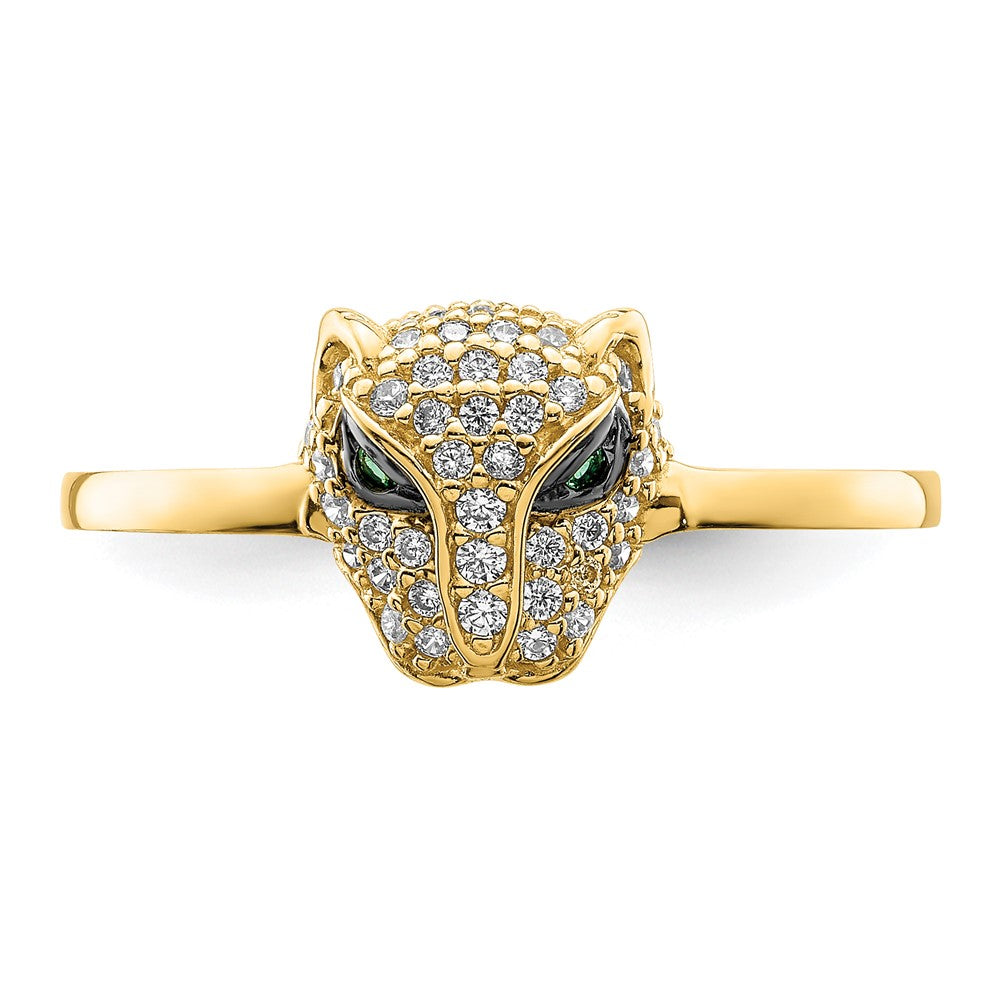 14K Polished Green and White CZ Lioness Head Ring