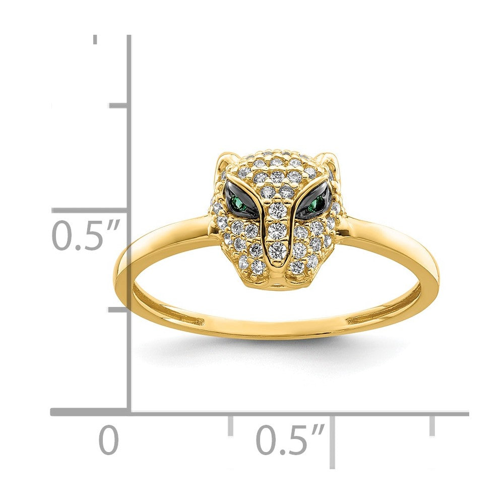 14K Polished Green and White CZ Lioness Head Ring