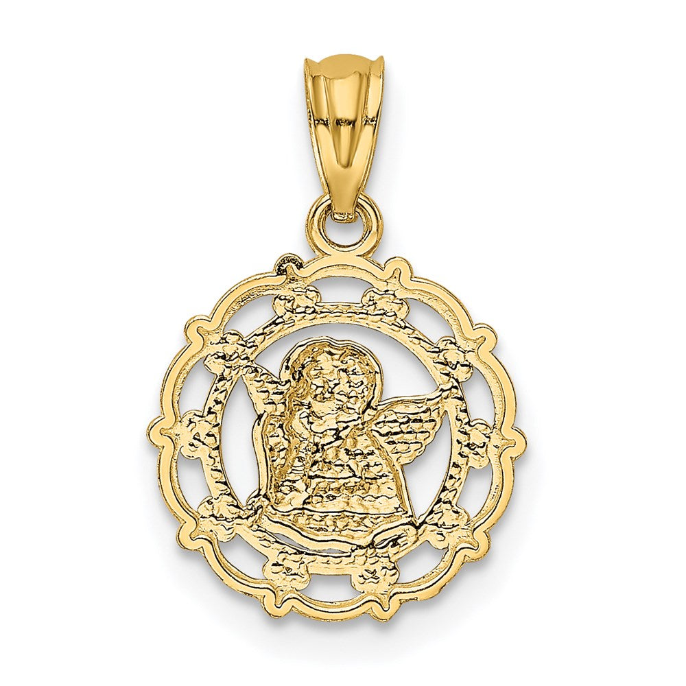 14k and White Rhodium Scalloped Frame Cherub Round Pendant