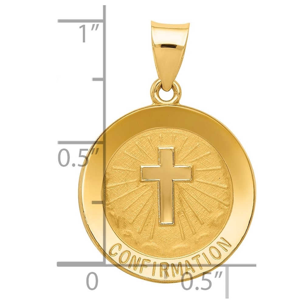 14k Polished and Satin Hollow CONFIRMATION with Cross Medal Round Pendant