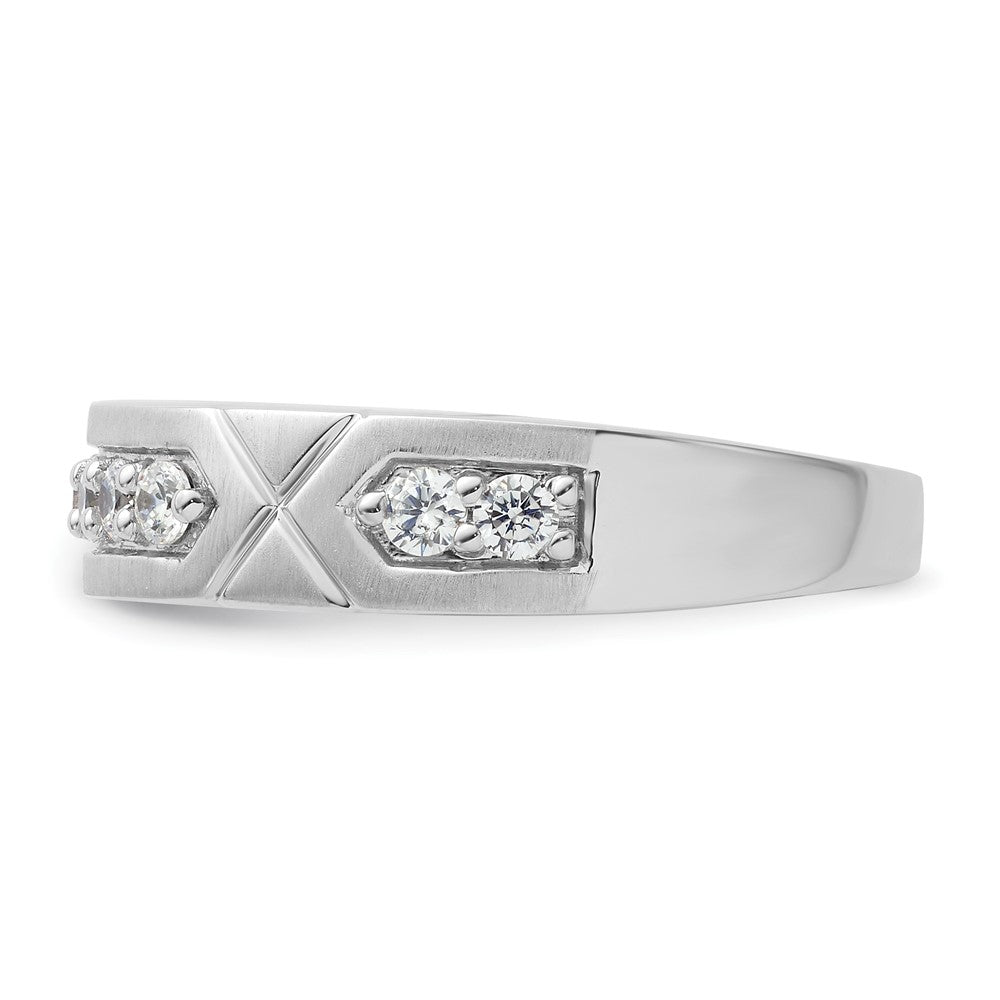 14k White Gold Polished & Satin Grooved Diamond Mens Wedding Band