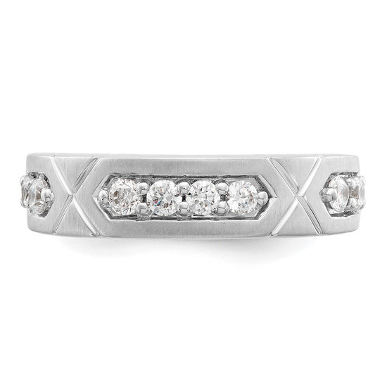 14k White Gold Polished & Satin Grooved Diamond Mens Wedding Band