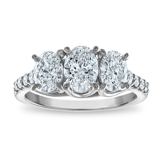 14kw 2ctw 3-Stone Oval Lab Grown VS/SI+ G+ Dia Complete Engagement Ring