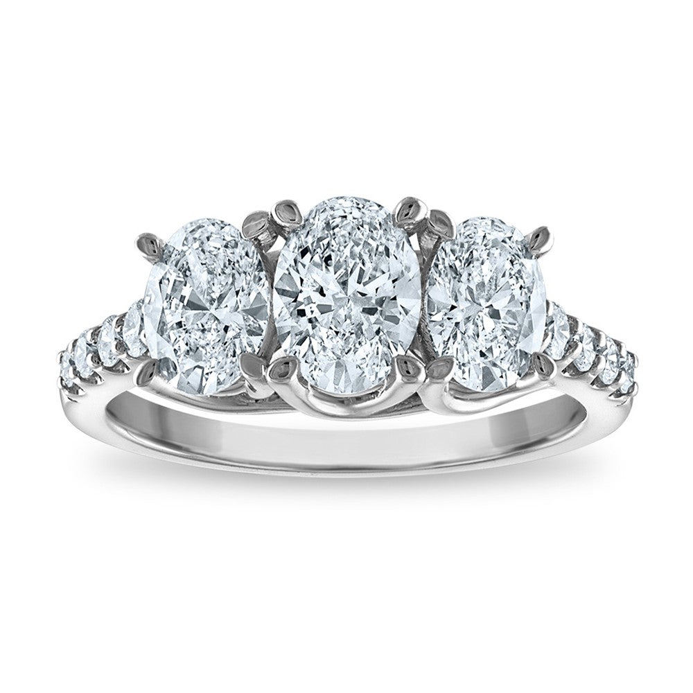 14kw 2ctw 3-Stone Oval Lab Grown VS/SI+ G+ Dia Complete Engagement Ring