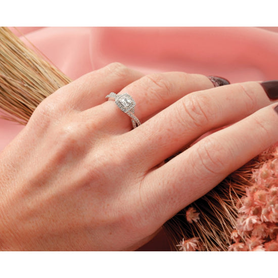 14K White Gold Halo Twist (Holds 1/3 carat (3.8mm) Princess Center) 1/3 carat Diamond Semi-Mount Engagement Ring