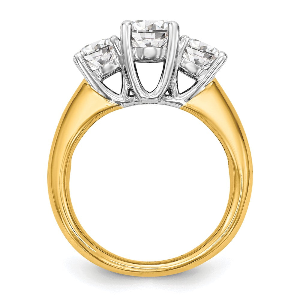 14k Two-tone Three Stone 1 carat Center Round and 1/2 carat Side Stone Engagement Ring Mounting