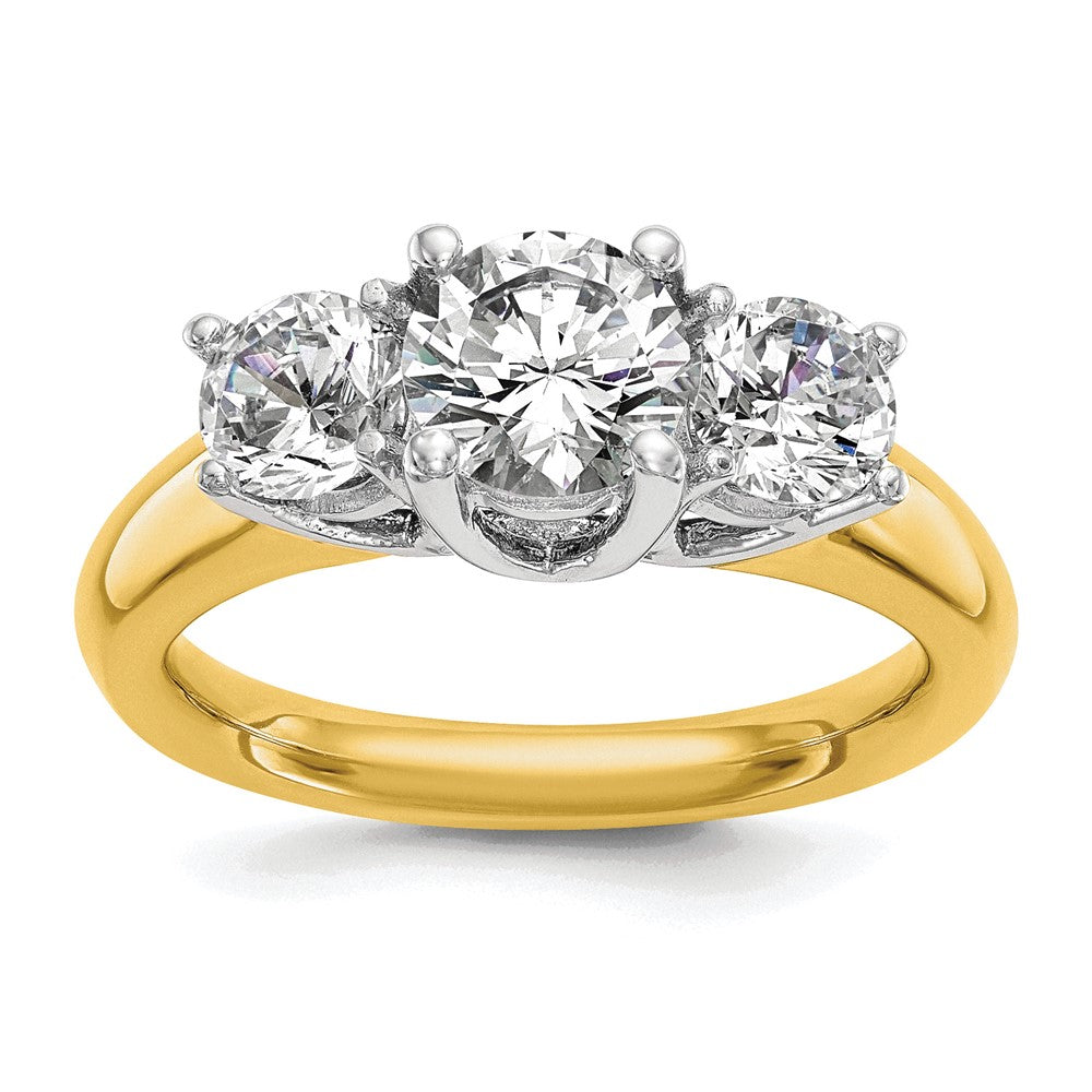 14k Two-tone Three Stone 1 carat Center Round and 1/2 carat Side Stone Engagement Ring Mounting