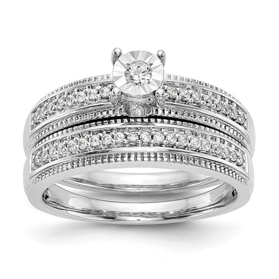 14K White Gold AA Quality 1/8 carat Diamond Trio Complete Engagement Ring