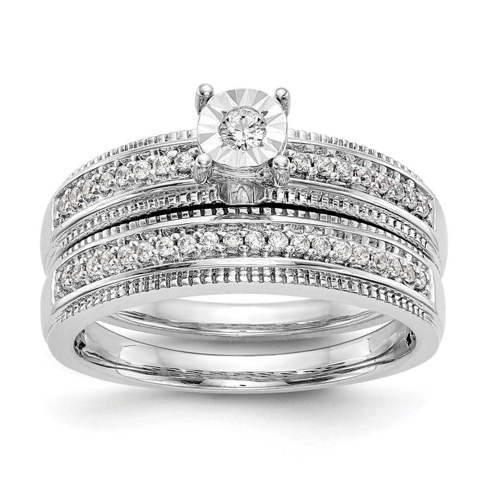 14K White Gold AA Quality 1/8 carat Diamond Trio Complete Engagement Ring