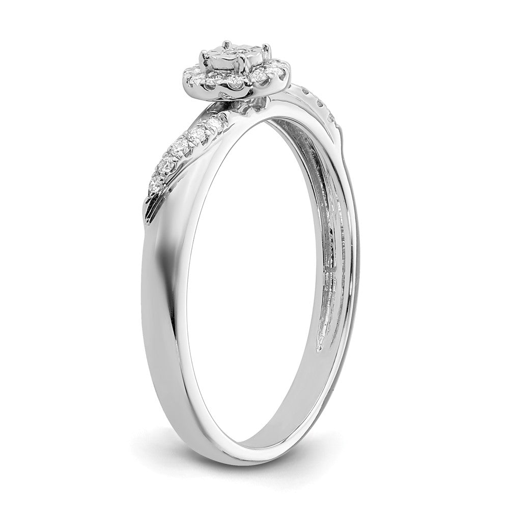 14K White Gold Halo AA Quality 1/8 carat Diamond Trio Complete Engagement Ring