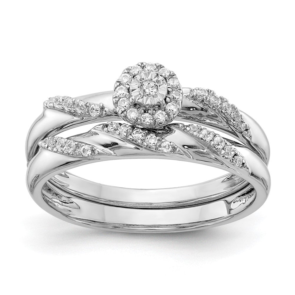 14K White Gold Halo AA Quality 1/8 carat Diamond Trio Complete Engagement Ring