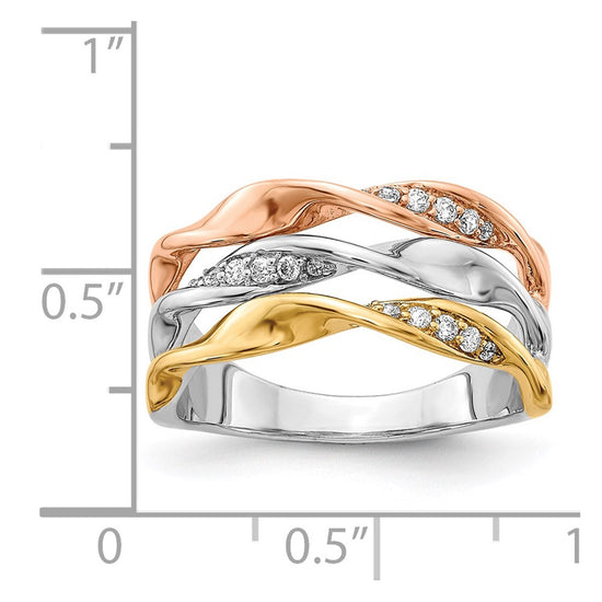 14k Tri-color 1/6 carat Diamond Fancy Triple-Strand Twist Ring