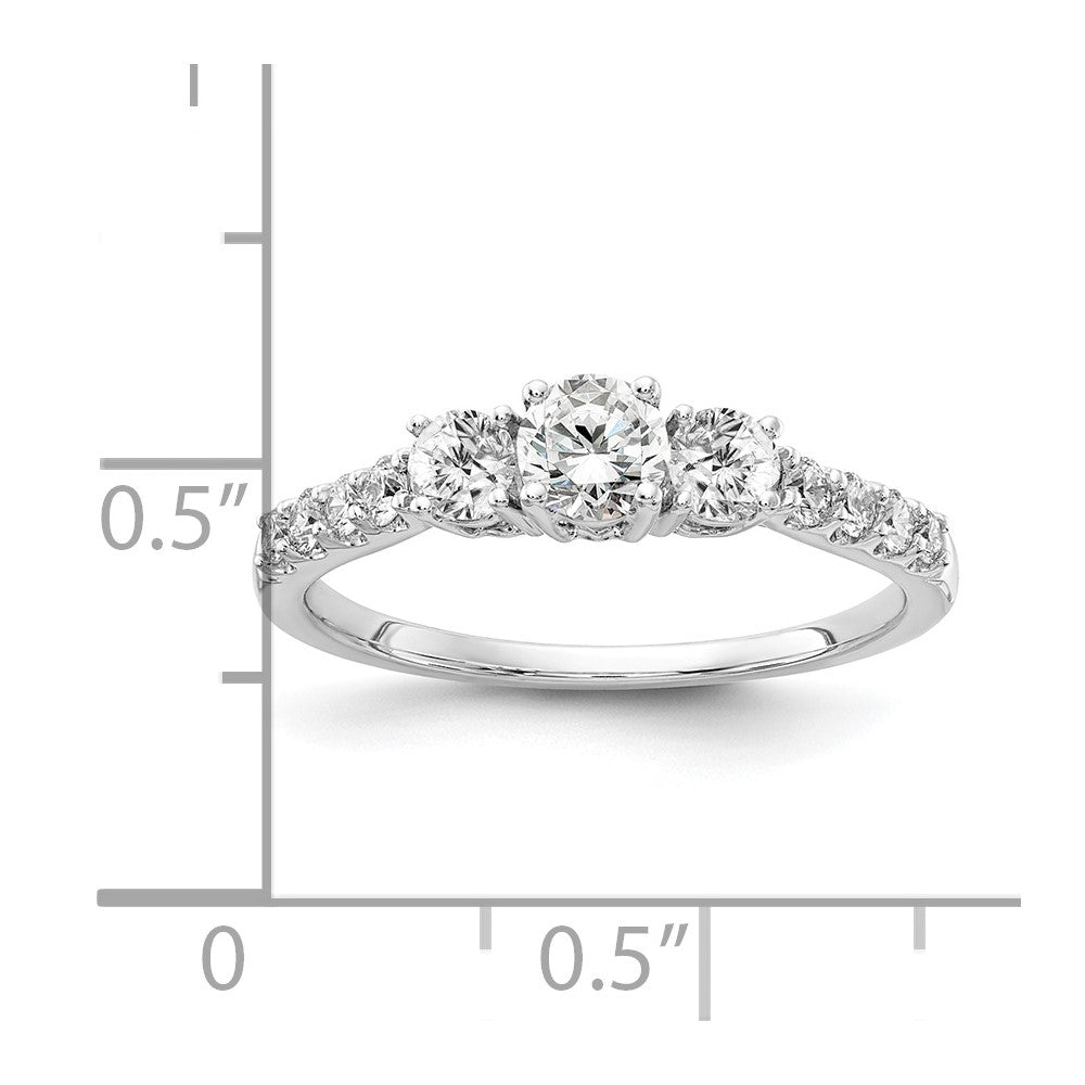 14k White Gold 1/2 carat Lab Grown Diamond VS/SI+ G+ 1/4 carat Center Round Semi Mount Three Stone Size 6 Engagement Ring