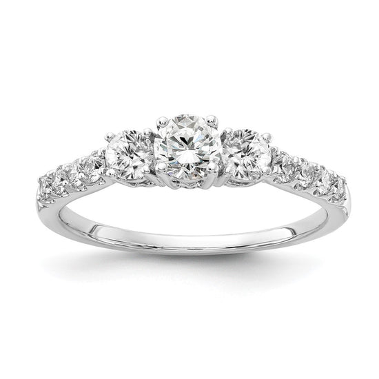 14k White Gold 1/2 carat Lab Grown Diamond VS/SI+ G+ 1/4 carat Center Round Semi Mount Three Stone Size 6 Engagement Ring