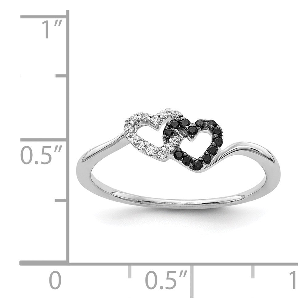 14k White Gold 1/10 carat Black and White Diamond Double Heart Ring