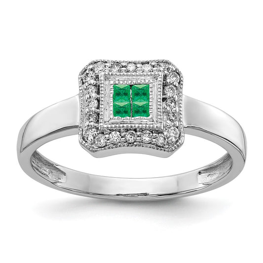 14k White Gold Square Design Gemstone and Diamond Ring