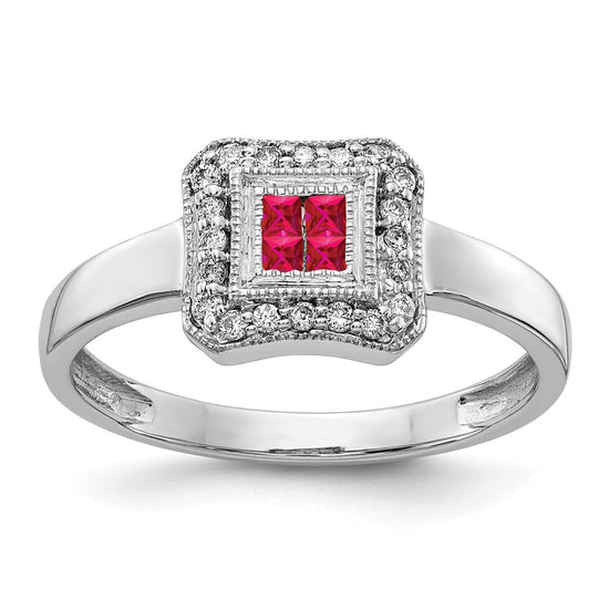 14k White Gold Square Design Gemstone and Diamond Ring