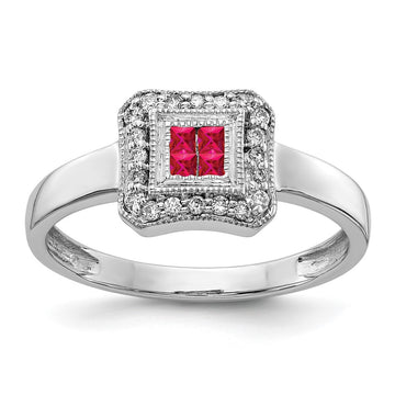 14k White Gold Square Design Gemstone and Diamond Ring