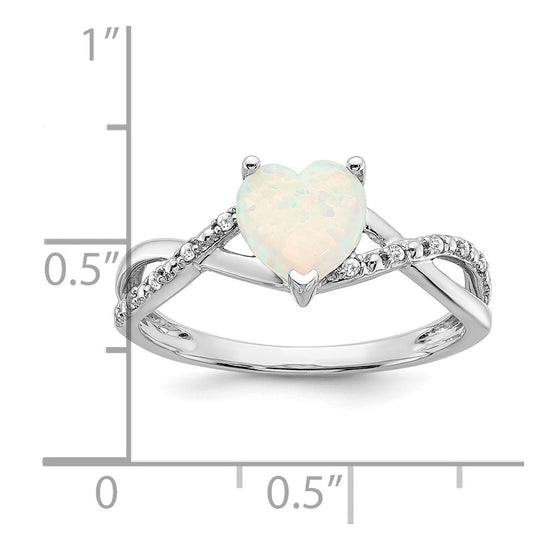 14k White Gold Created Opal and Diamond Heart Ring