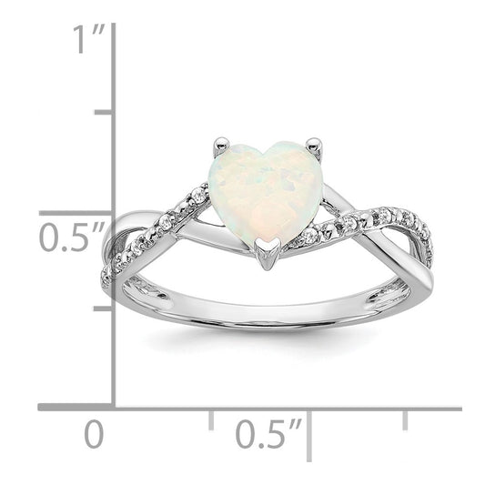 14k White Gold Created Opal and Diamond Heart Ring