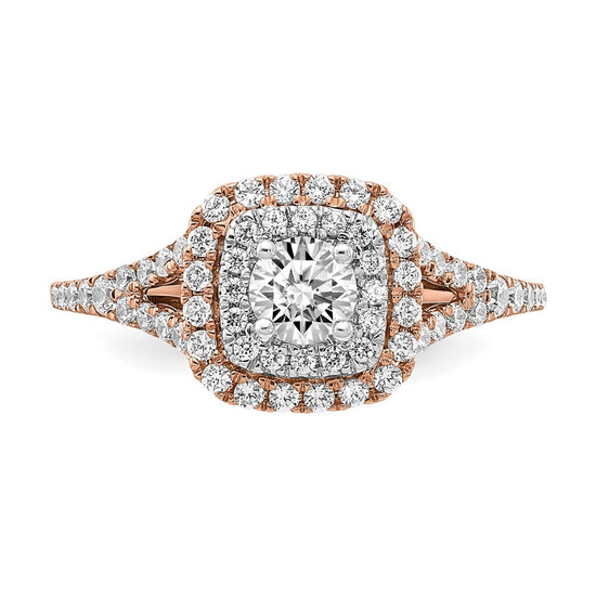 14k Rose and White Gold Double Halo (Holds 1/3 carat (4.5mm) Round Center) 1/2 carat Diamond Semi-mount Engagement Ring