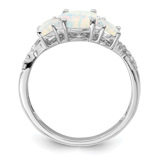 14k White Gold Lab-Created Opal and 1/8 carat Diamond 3-stone Ring