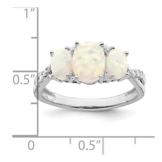 14k White Gold Lab-Created Opal and 1/8 carat Diamond 3-stone Ring