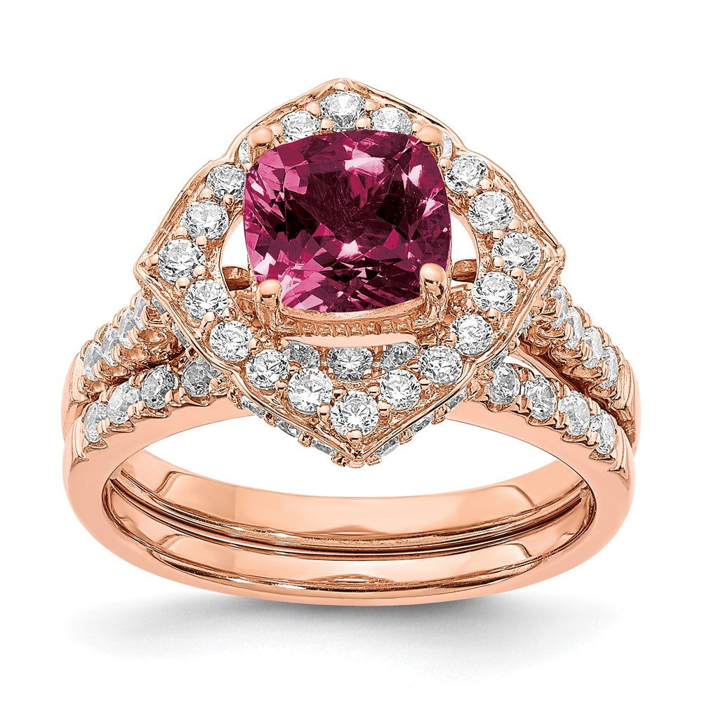 14k Rose Gold Rhodolite Garnet Diamond Halo Complete Engagement Ring