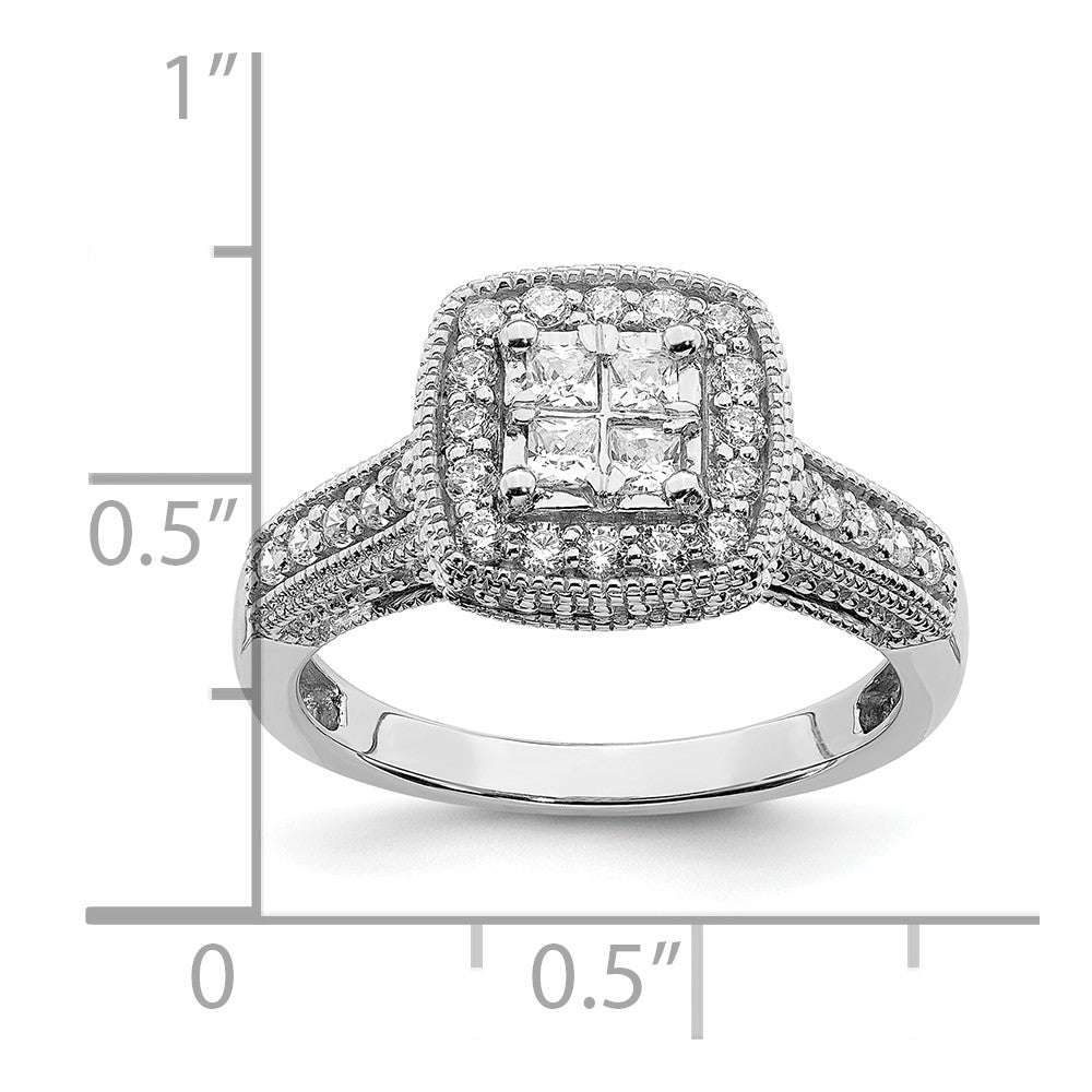 14K White Gold Square Halo Cluster 5/8 carat Princess/Round Diamond Complete Engagement Ring