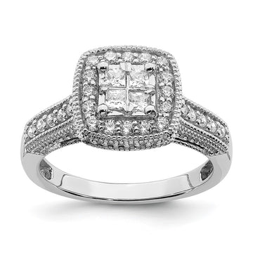 14K White Gold Square Halo Cluster 5/8 carat Princess/Round Diamond Complete Engagement Ring