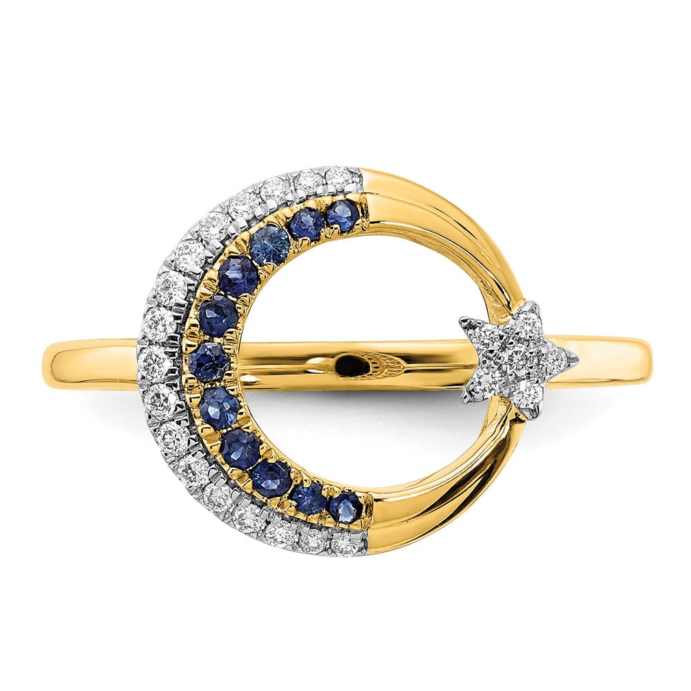 14k Polished Blue Sapphire and 1/8 carat Diamond Moon with Star Ring