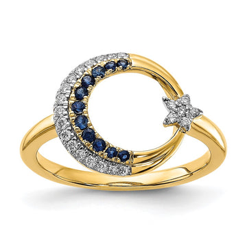 14k Polished Blue Sapphire and 1/8 carat Diamond Moon with Star Ring