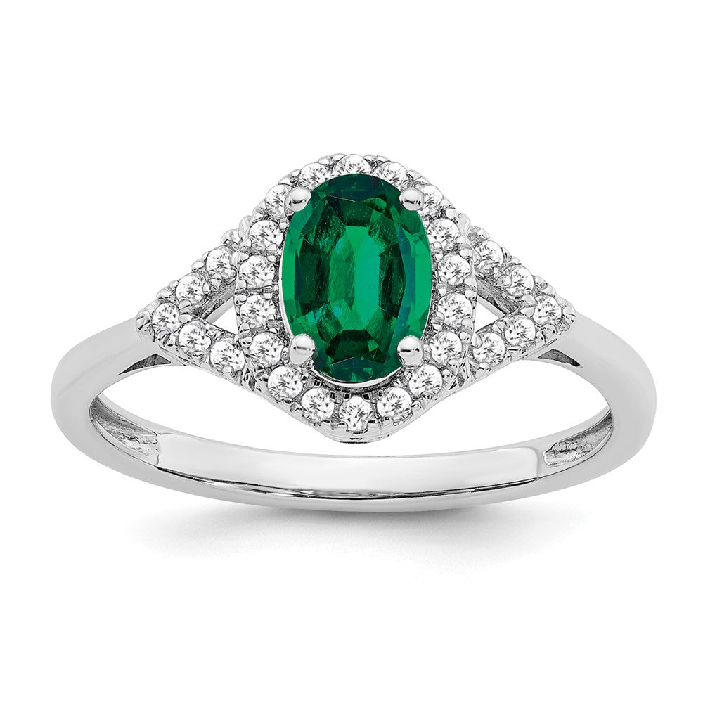 14k White Gold Oval Created Gemstone and Diamond Ring