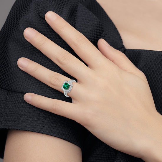 14k White Gold Cushion Created Gemstone and Diamond Halo Ring