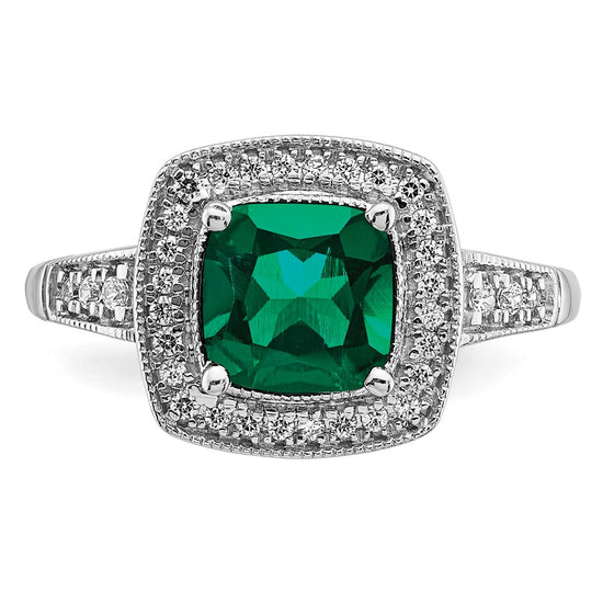 14k White Gold Cushion Created Gemstone and Diamond Halo Ring
