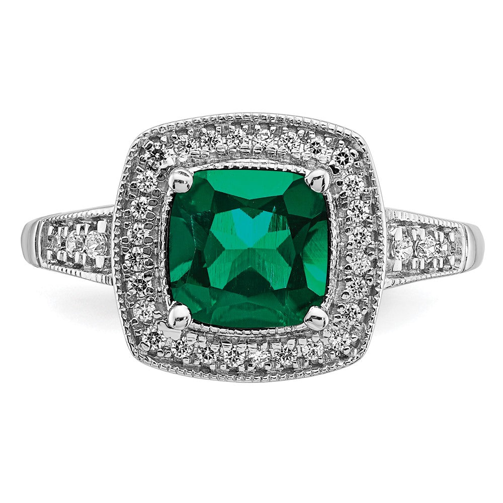 14k White Gold Cushion Created Gemstone and Diamond Halo Ring