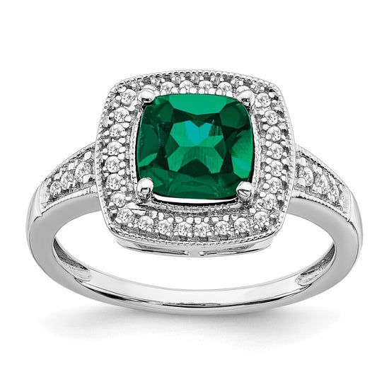 14k White Gold Cushion Created Gemstone and Diamond Halo Ring