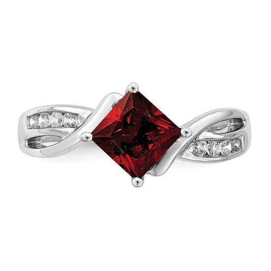 14k White Gold Square Garnet and Diamond Ring