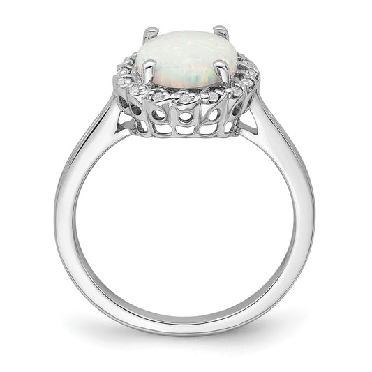 14k White Gold Created Opal and Diamond Halo Ring