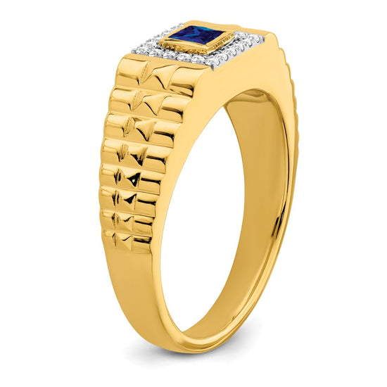 14k Square Sapphire and Diamond Mens Ring