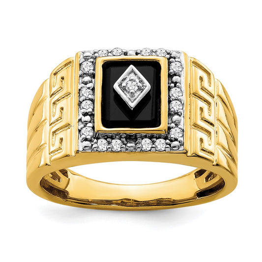 14k 1/5 carat Lab Grown Diamond VS/SI+ G+ and Onyx Greek Key Design Men's Ring