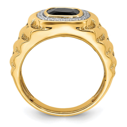 14k 8mm Cushion Onyx and 1/4 carat Diamond Halo Textured Mens Ring
