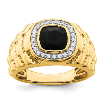 14k 8mm Cushion Onyx and 1/4 carat Diamond Halo Textured Mens Ring