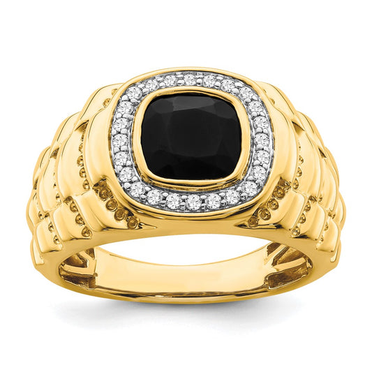 14k 8mm Cushion Onyx and 1/4 carat Diamond Halo Textured Mens Ring