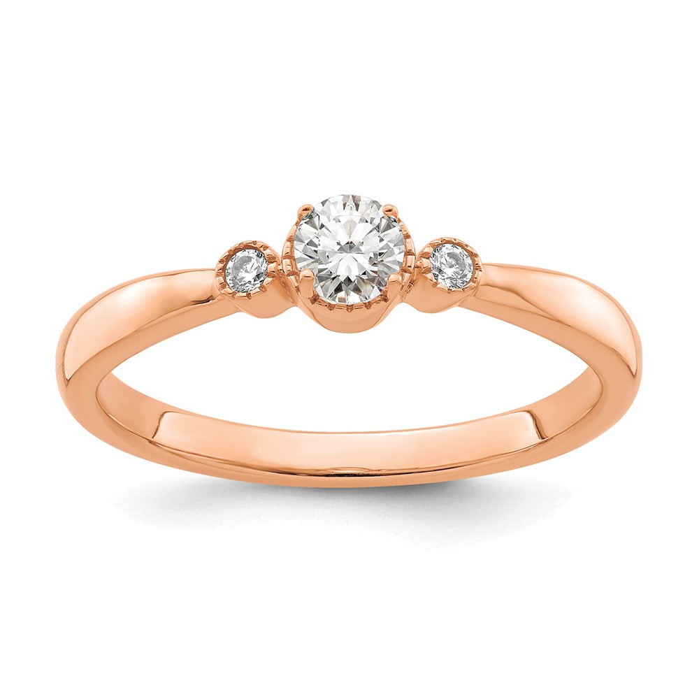 14k Rose Gold Beaded Edge Petite 3-Stone 1/4 carat Round Diamond Complete Promise/Engagement Ring