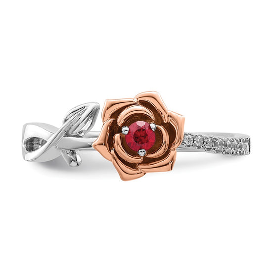 14K Two-tone White and Rose Gold Ruby and Diamond Flower Size 7 Ring