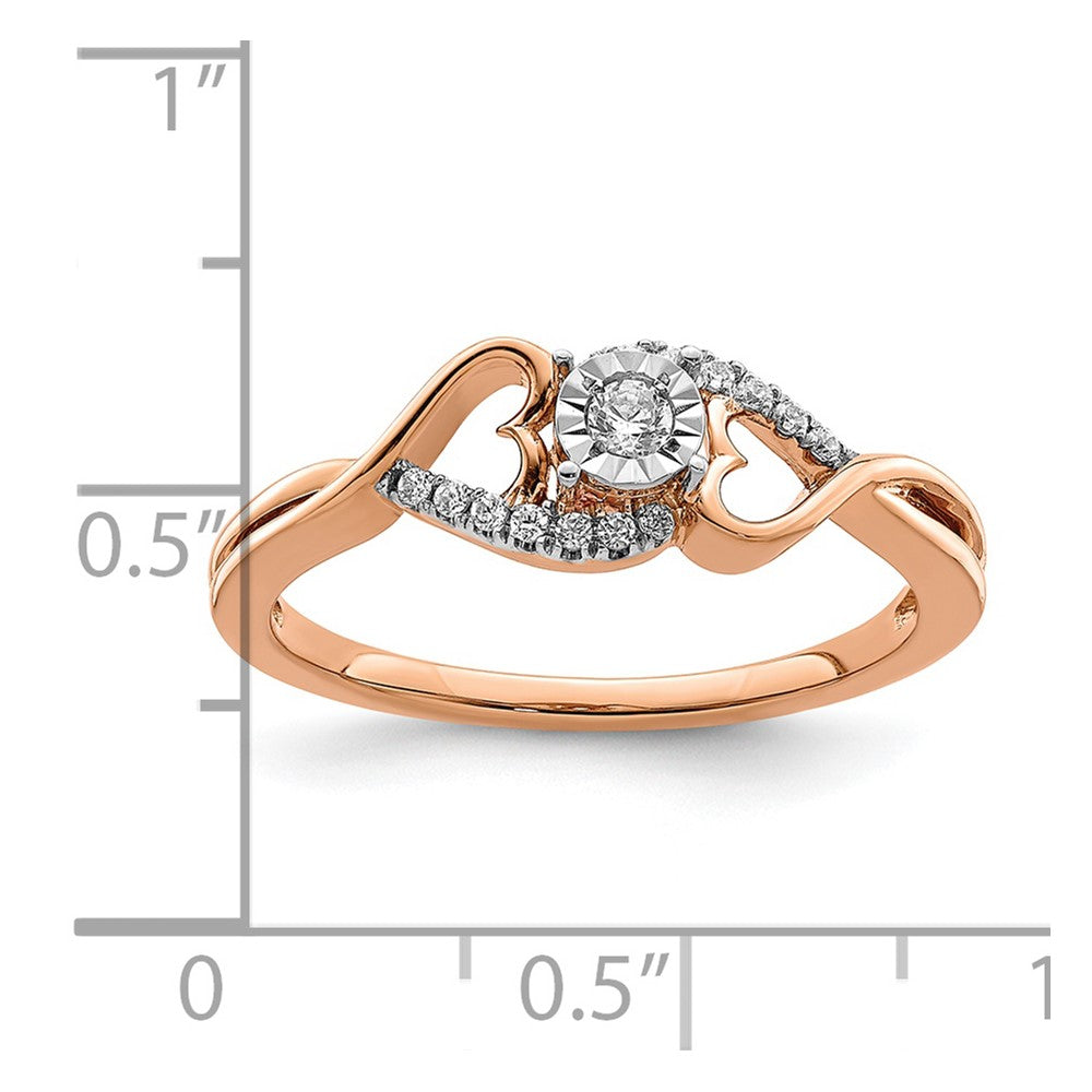 14k Rose Gold Polished 1/8 carat Diamond Side Hearts Ring