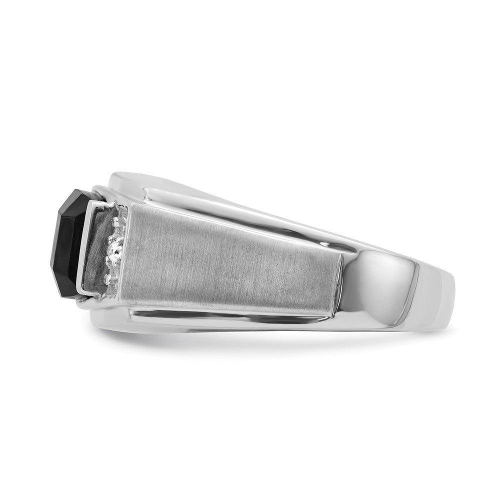 14k White Gold Polished and Satin 10.5x8.2mm Barrel Onyx and Diamond Mens Ring